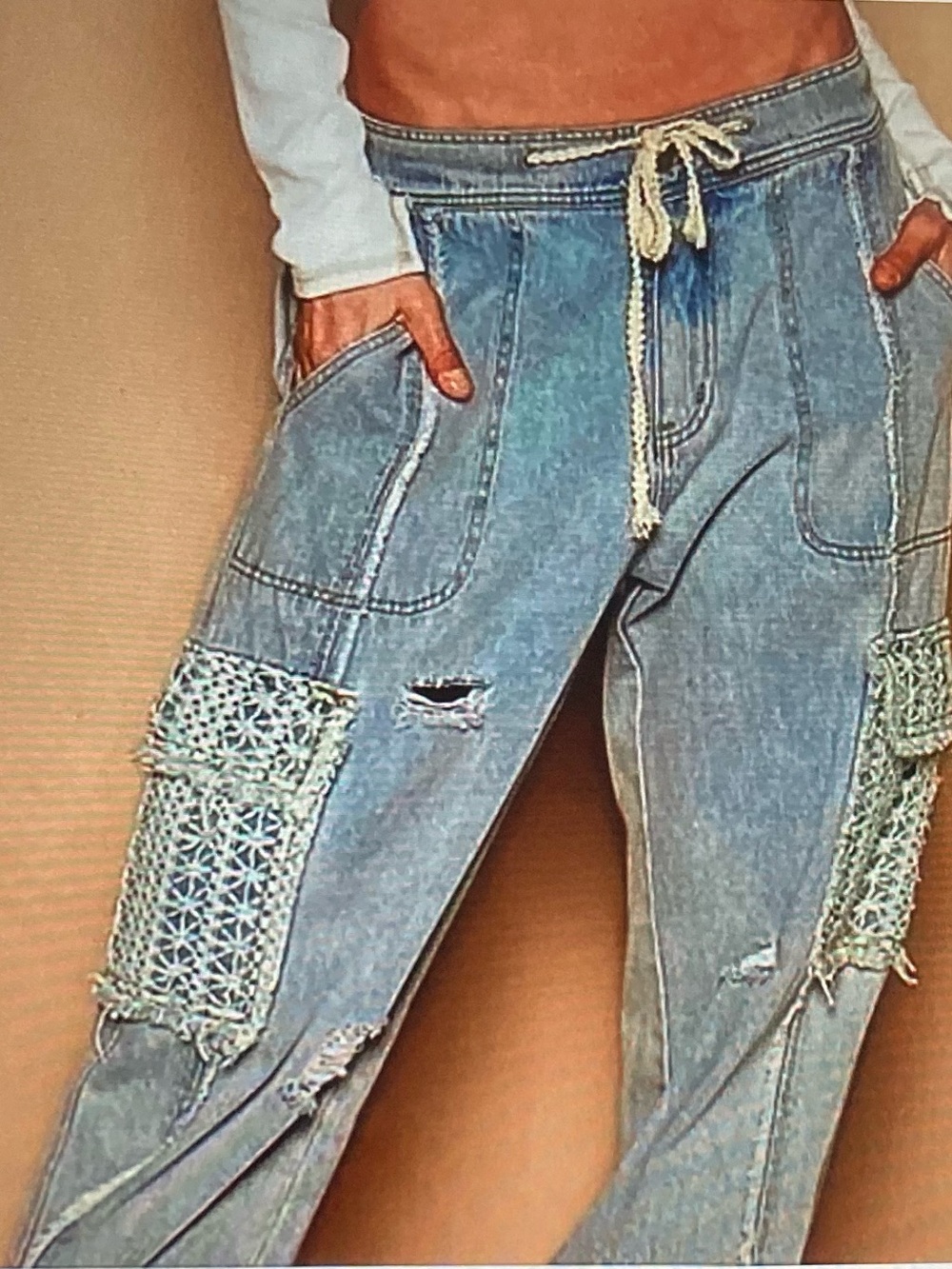 POL Light Denim Distressed Crochet Patch Jogger Pants
